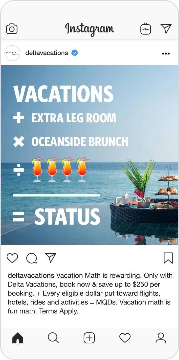 Instagram Post - "Vacations + Extra Leg Room * Oceanside Brunch / Cocktails = Status"