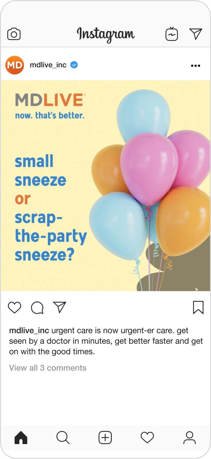 Screenshot of an MDLIVE Instagram post that says, "Small sneeze or scrap-the-party sneeze?"