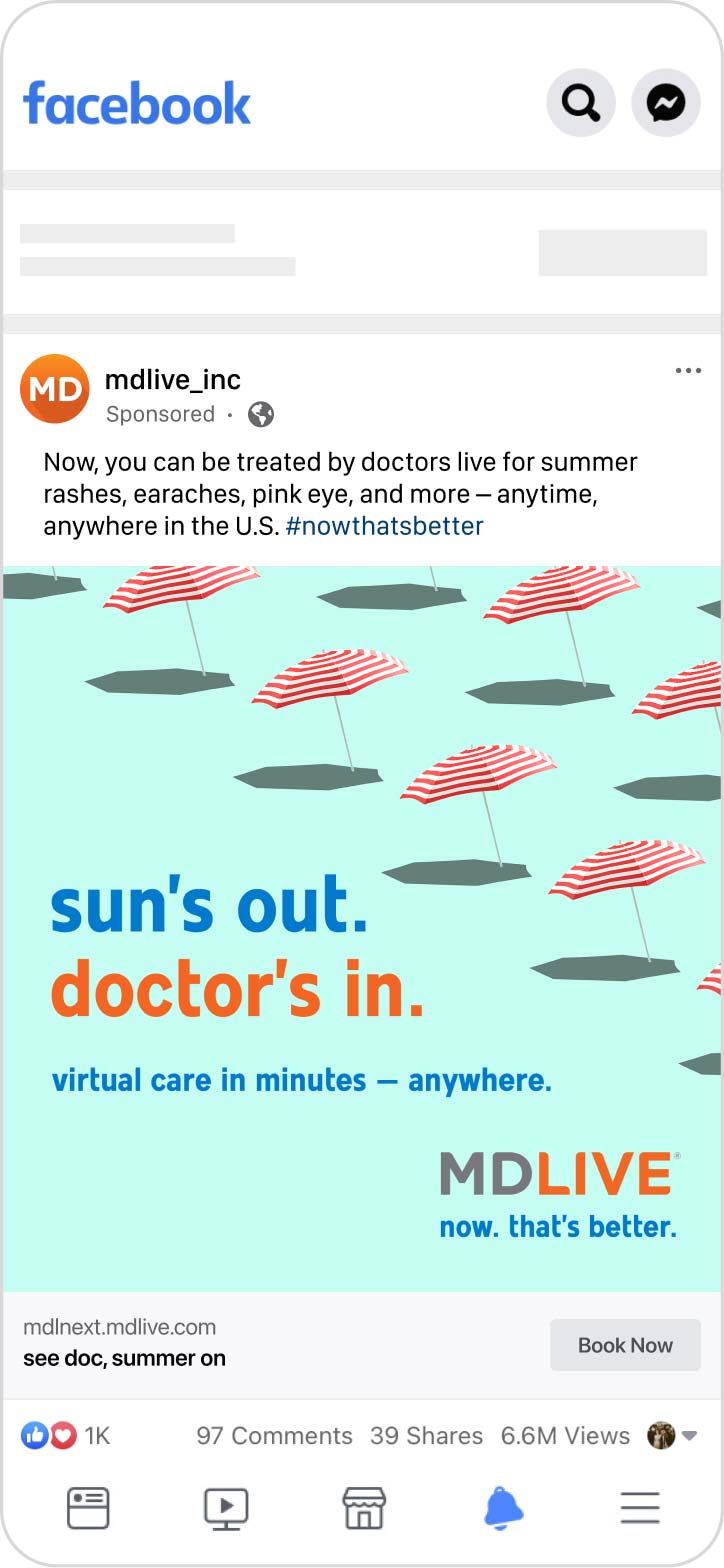Screenshot of an MDLIVE Instagram post with beach umbrellas that says, "Sun's out. Doctor's in. Virtual care in minutes - anywhere."
