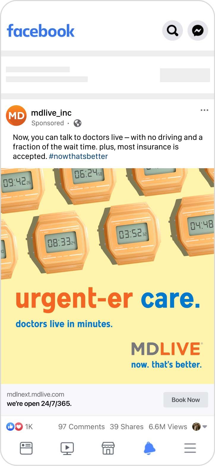Screenshot of an MDLIVE Instagram post with watches that says, "Urgent-er care. Doctors live in minutes."
