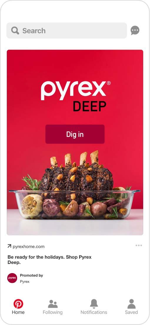 Advertisement on Pinterest: "Be ready for the holidays. Shop Pyrex Deep."