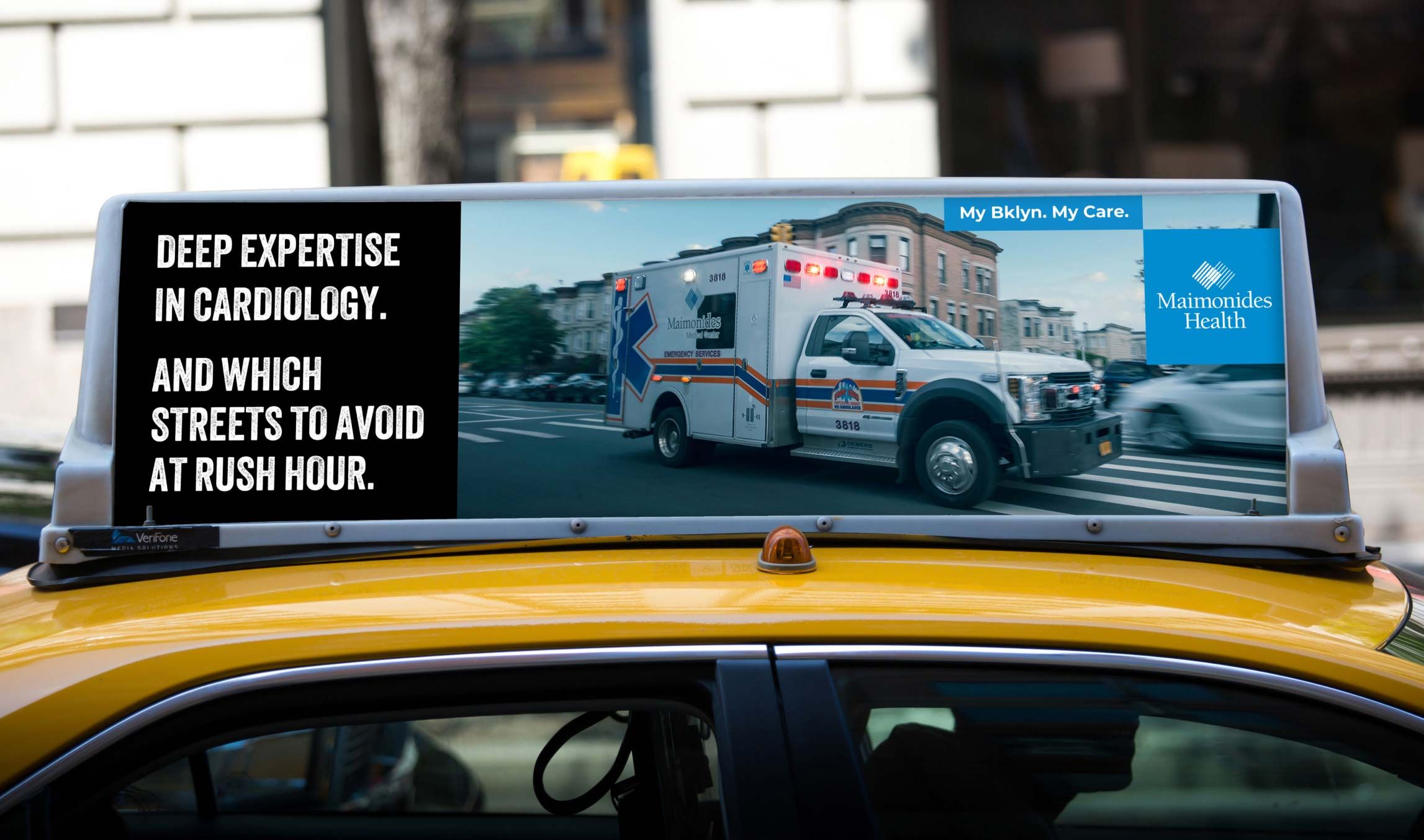 Photograph of Maimonides advertisement on top of a taxi that says, "Deep expertise in cardiology. And which streets to avoid at rush hour."
