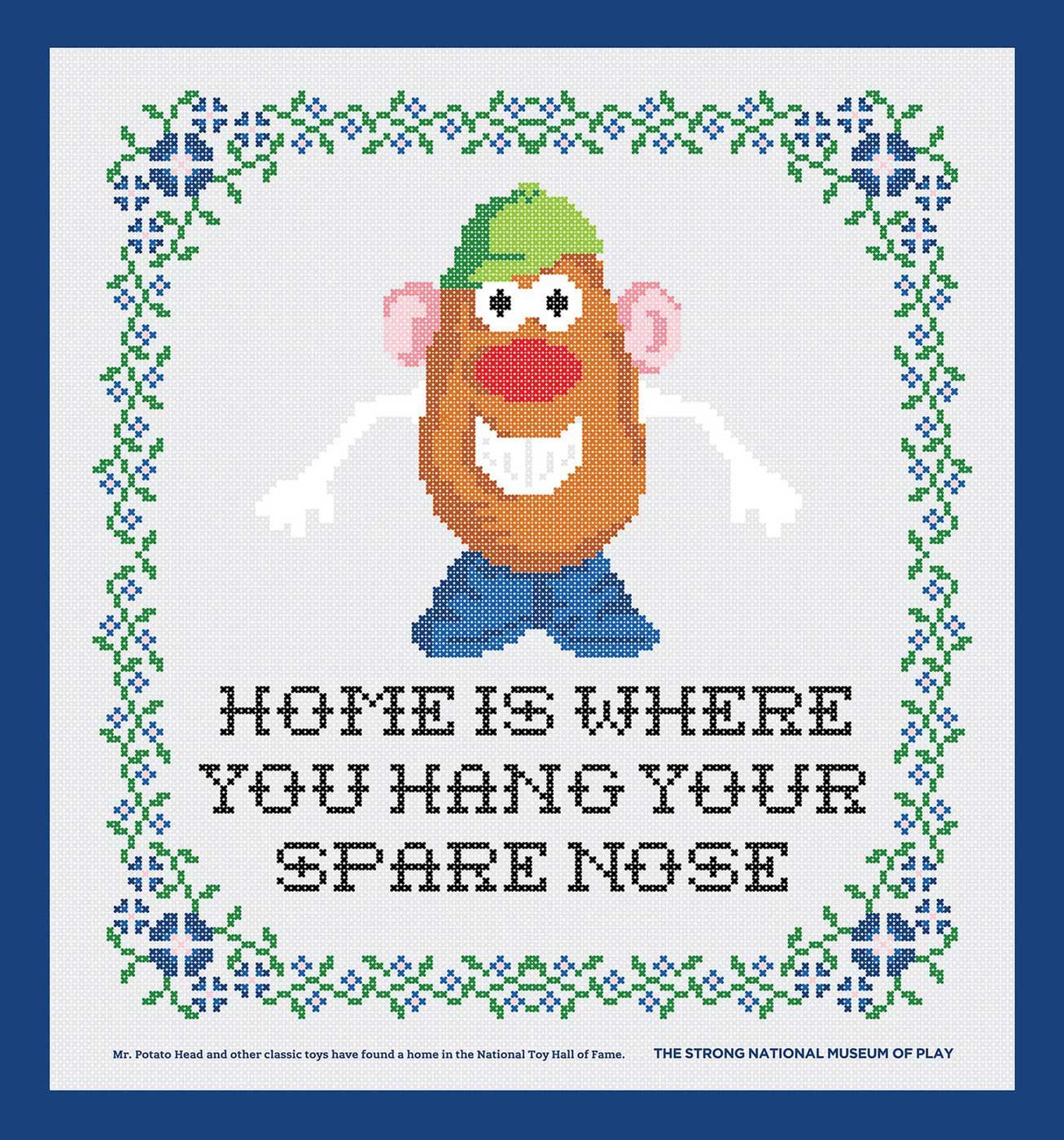 Cross-stitch of Mr. Potato Head: "Home is Where You Hang Your Spare Nose"