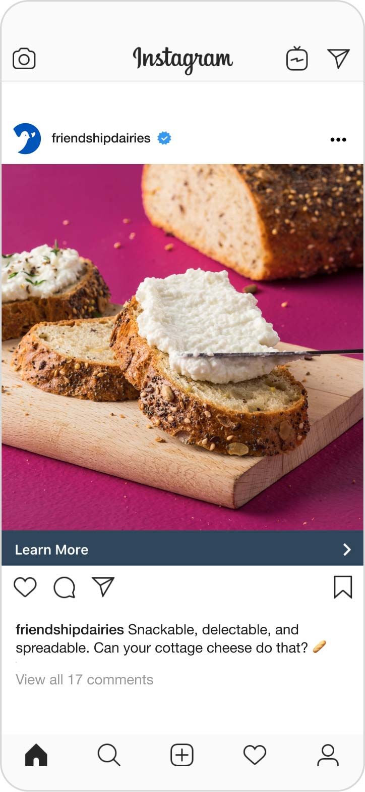Instagram post of Friendship Dairies cottage cheese spread on toast.
