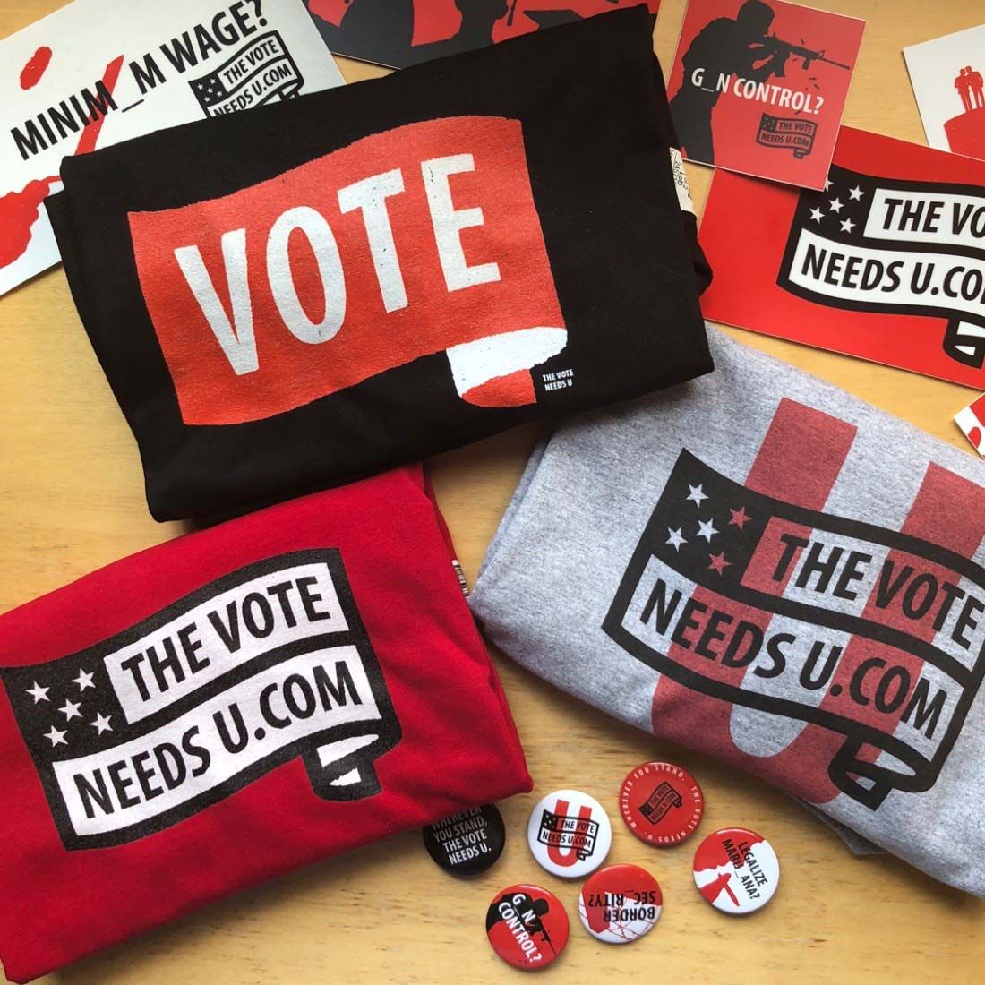 Photograph of The Vote Needs U merch.