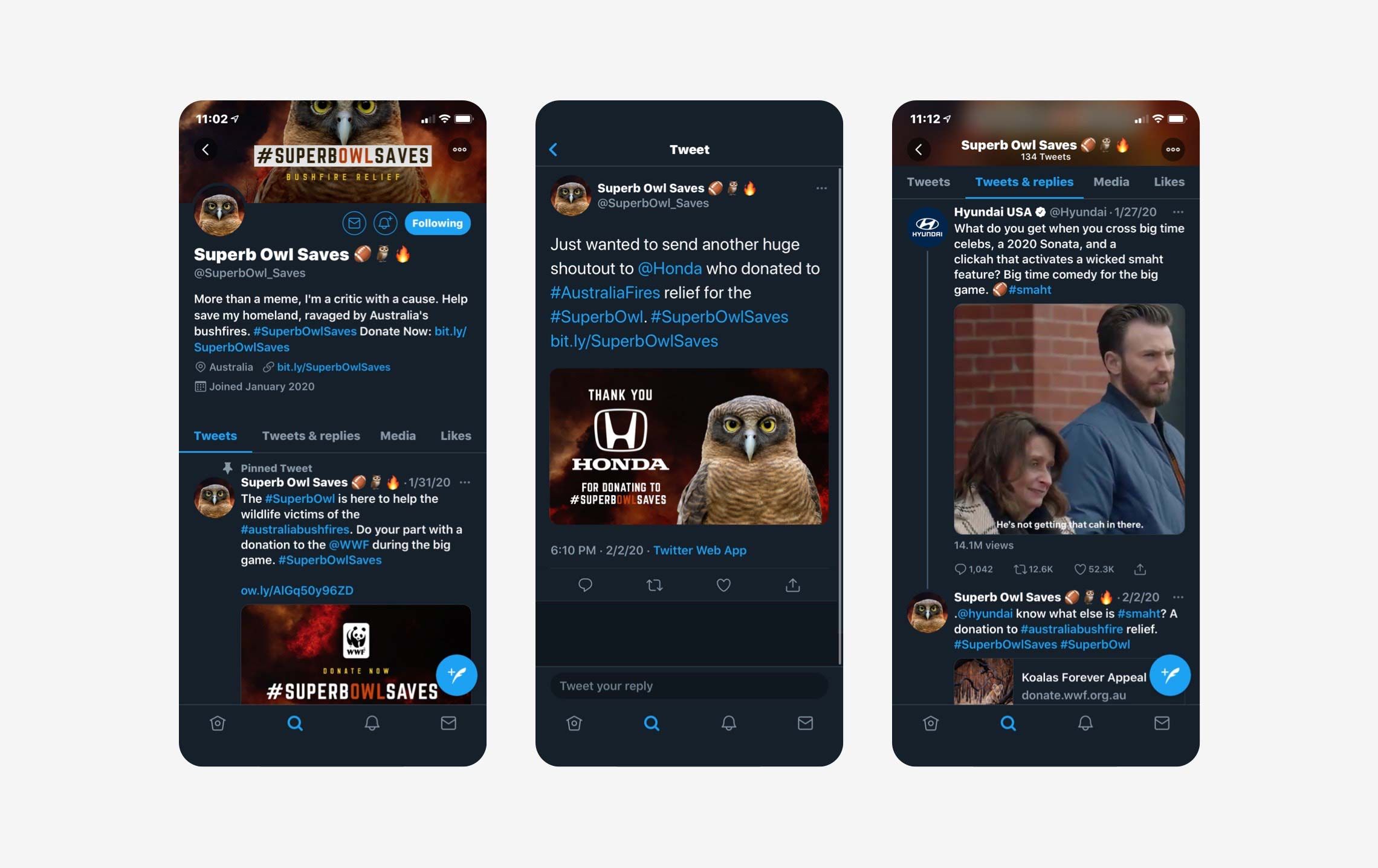 Images of the Superb Owl Saves Twitter account and some of the tweets that were sent.