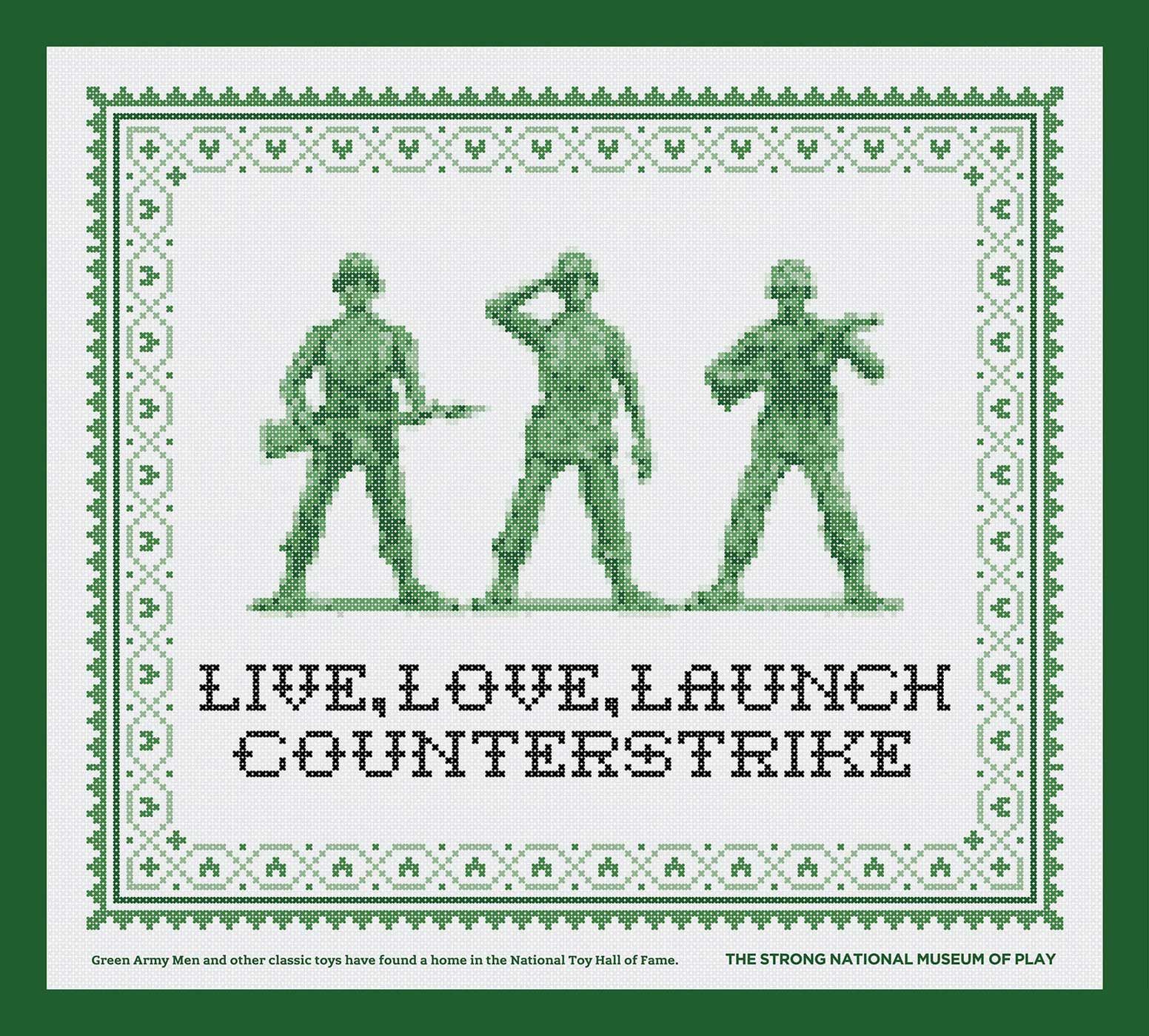 Cross-stitch of Plastic Toy Army Men: "Live, Love, Launch Counterstrike"