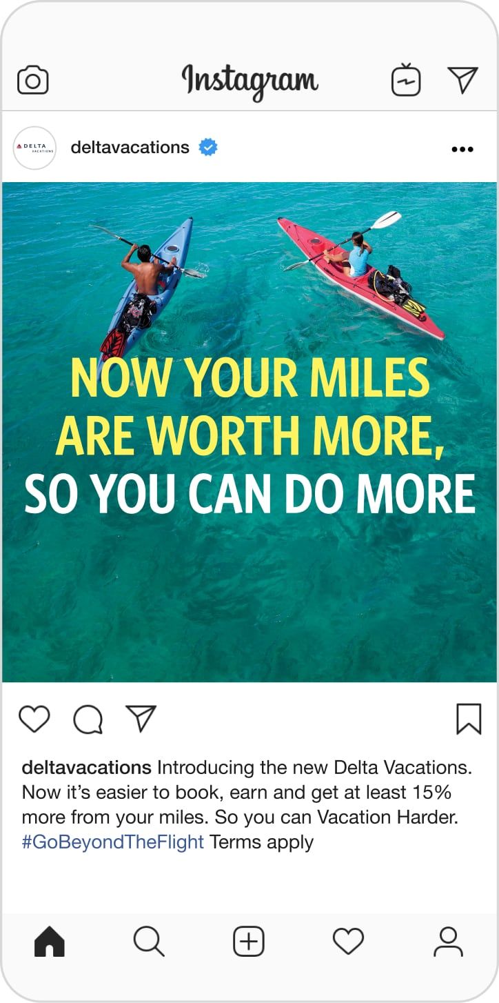 Instagram post of two people kayaking. It says, "Now your miles are worth more, so you can do more."