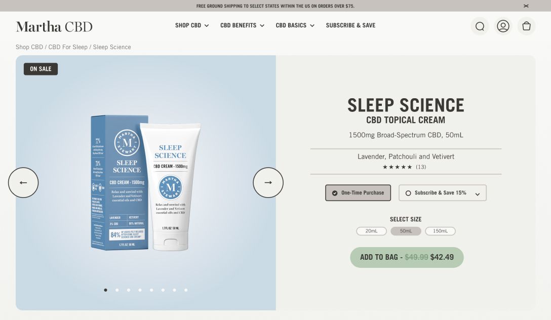 Screen shot of the Martha CBD website, showing a product page for "Sleep Science."
