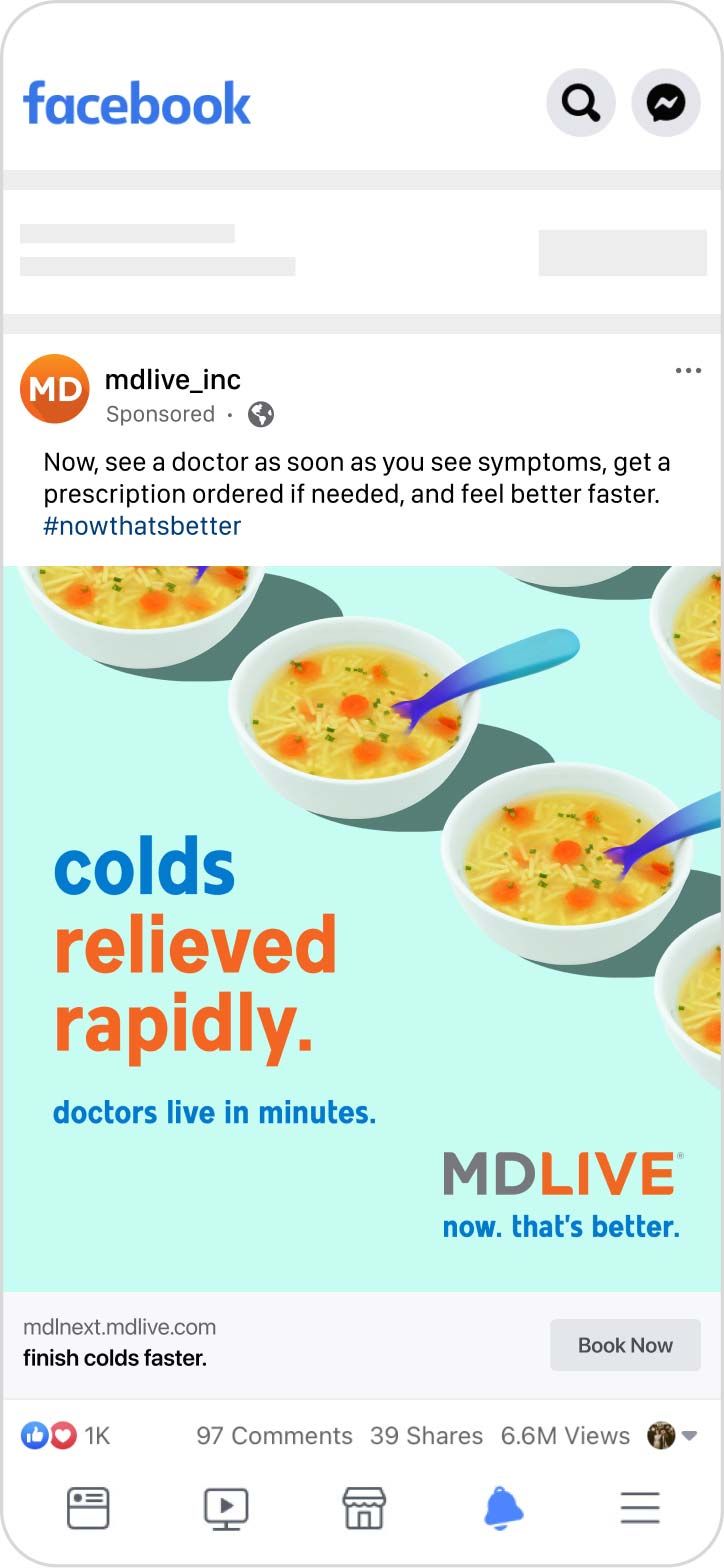 Screenshot of an MDLIVE Instagram post that says, "colds relieved rapidly."