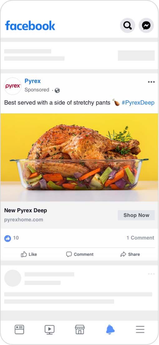 Facebook ad showing a turkey in a Pyrex dish: "Best served with a side of stretchy pants."