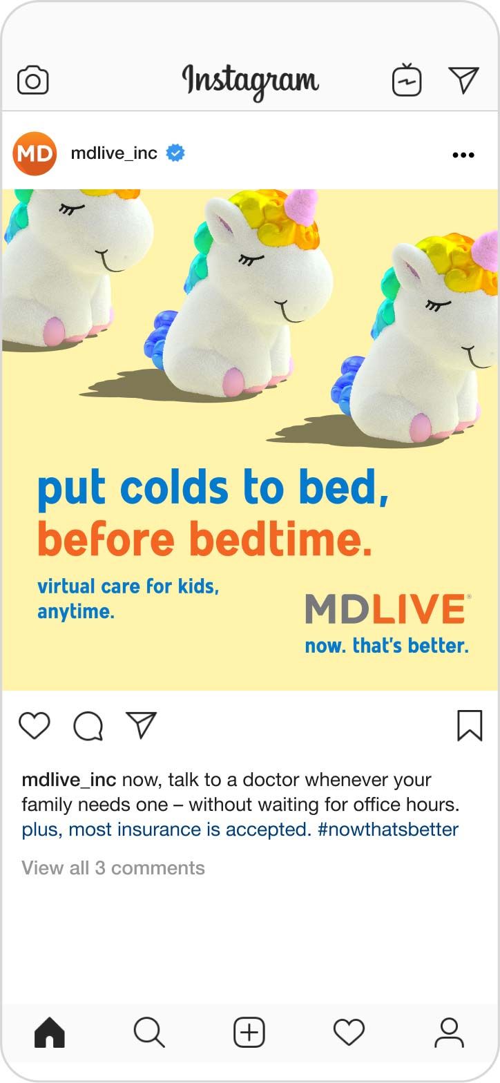 Screenshot of an MDLIVE Instagram post that says, "put colds to bed, before bedtime."