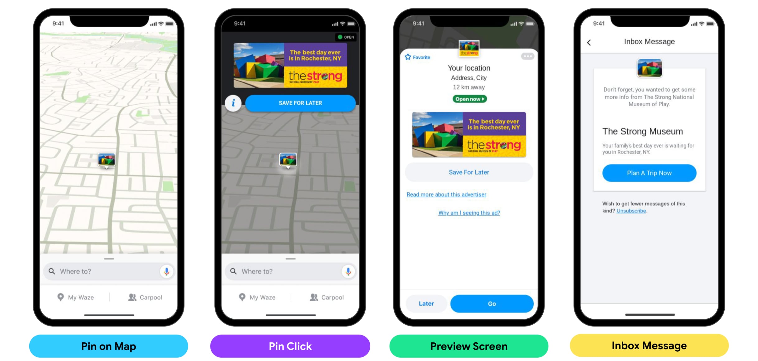 Phones showing how pins, preview screens, and inbox messages look for The Strong National Museum of Play in the Waze app.