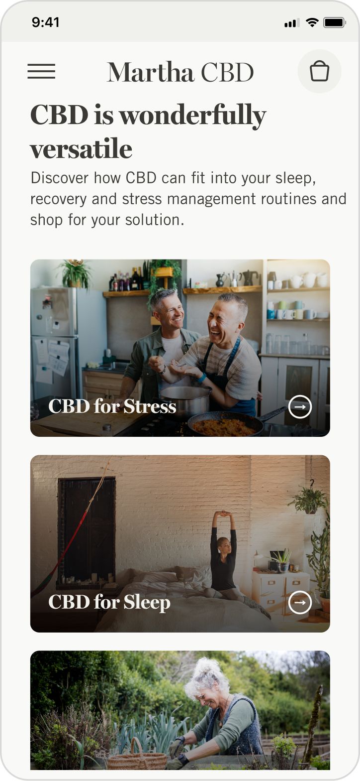 Screen shot of the Martha CBD mobile website, showing a page with information on CBD product uses.
