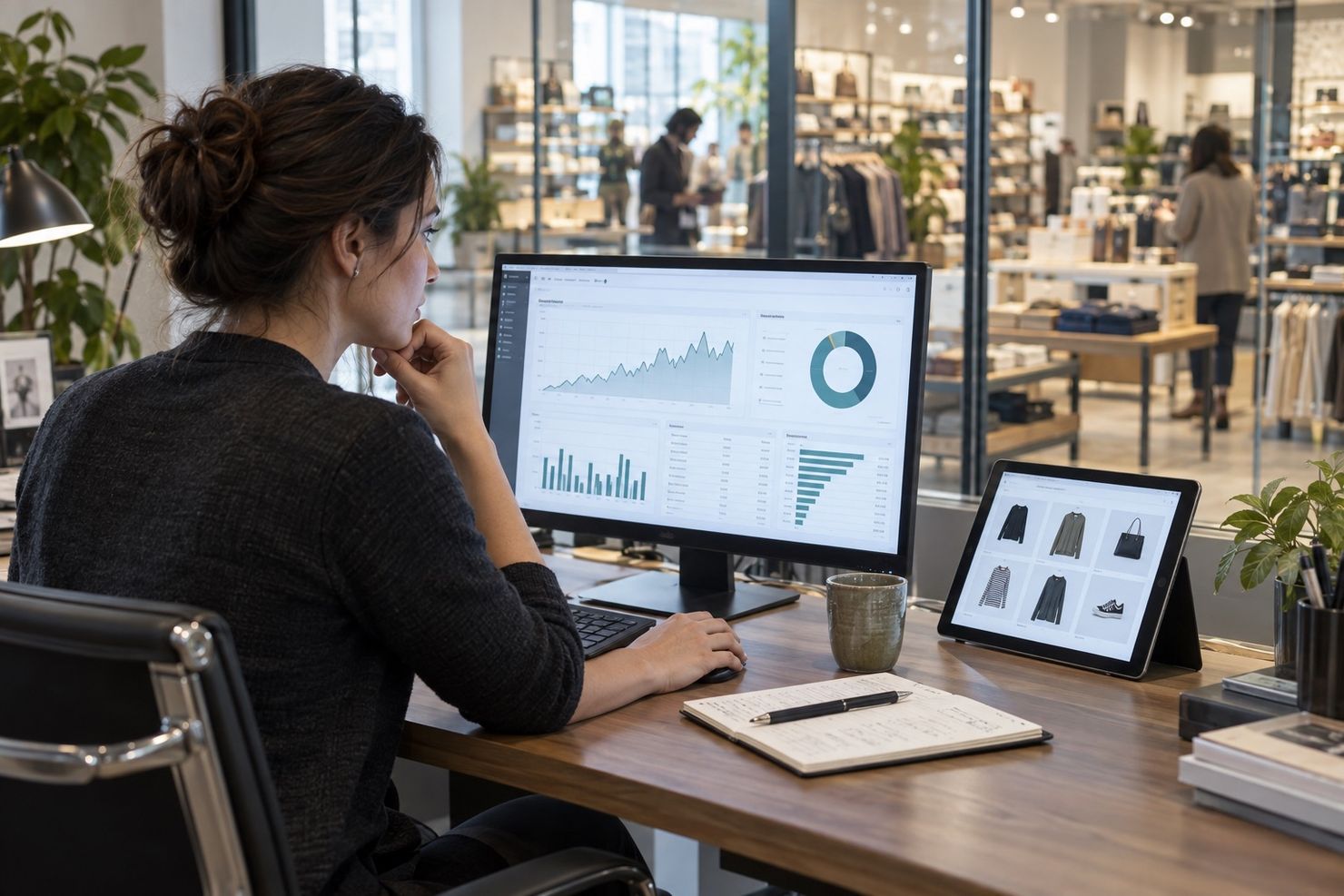 Retail analyst using point-of-sale dashboards to compare demand and customer patterns