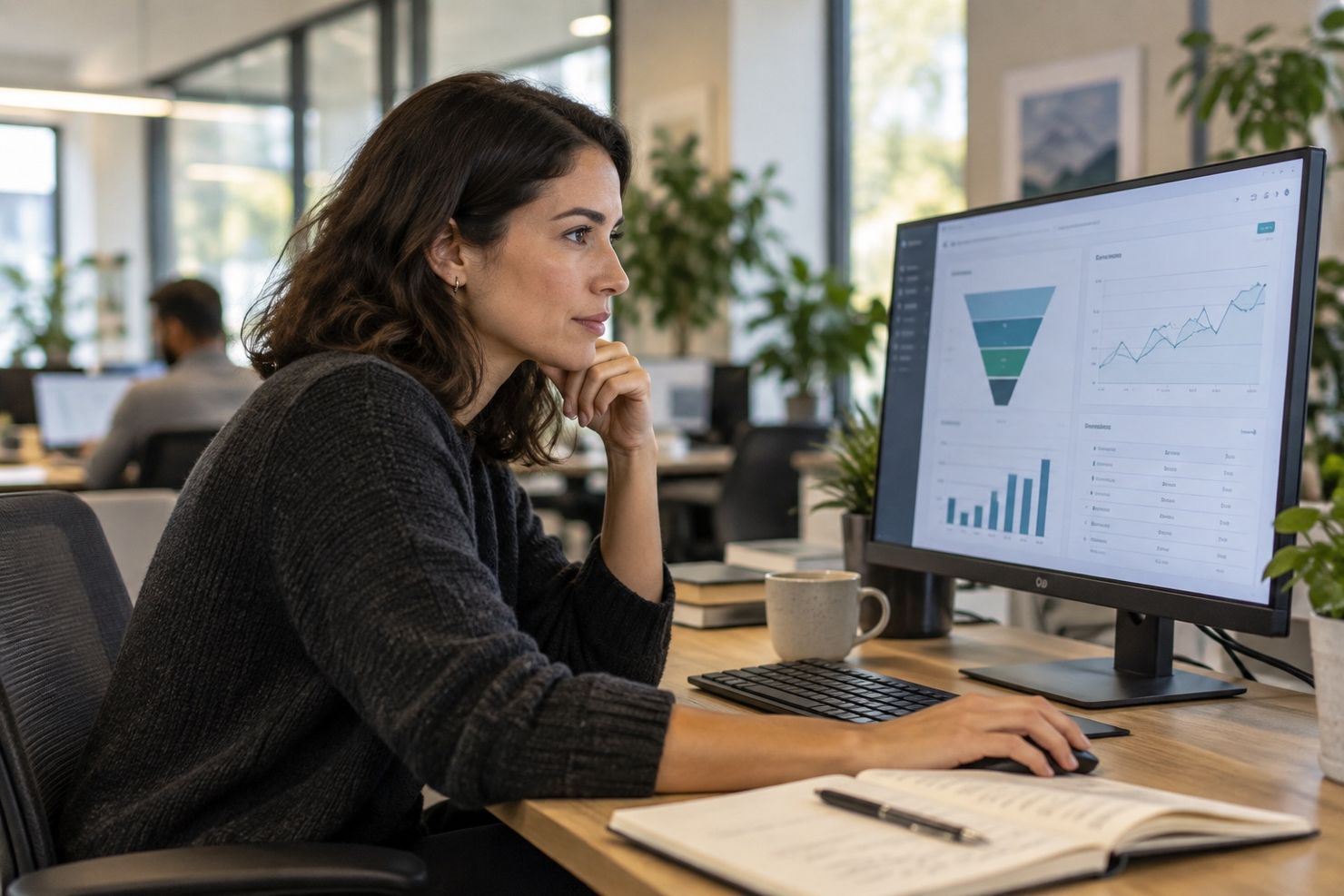 Business analyst using an AI-supported dashboard to investigate product performance patterns