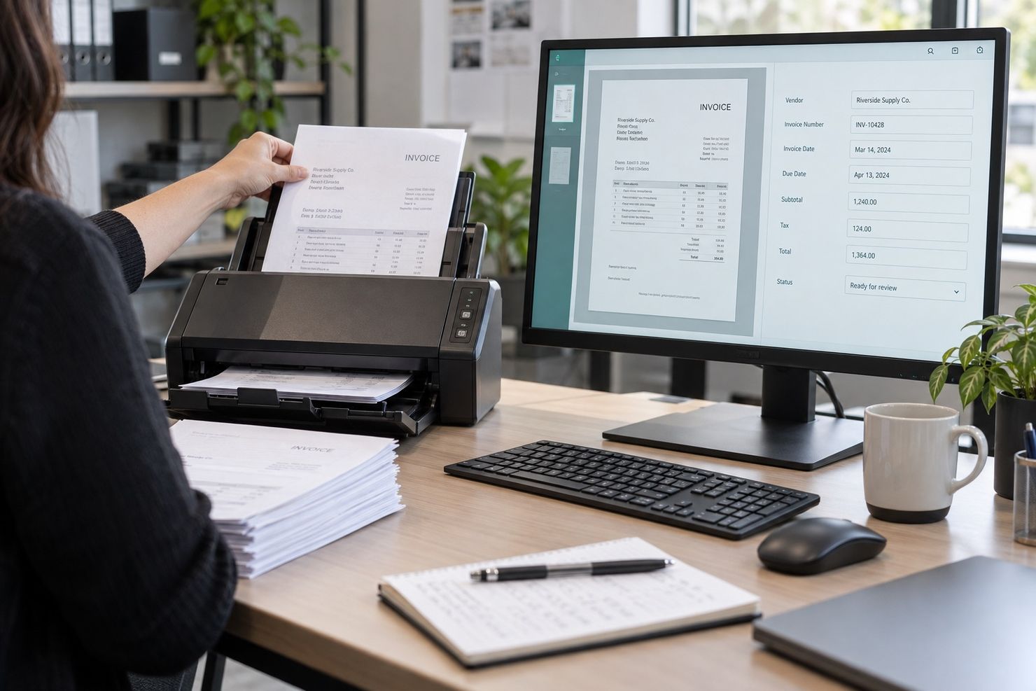 Operations specialist reviewing documents moving through an automated enterprise workflow