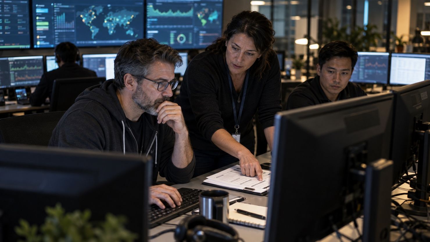 Cloud operations specialists reviewing service health and deployment evidence