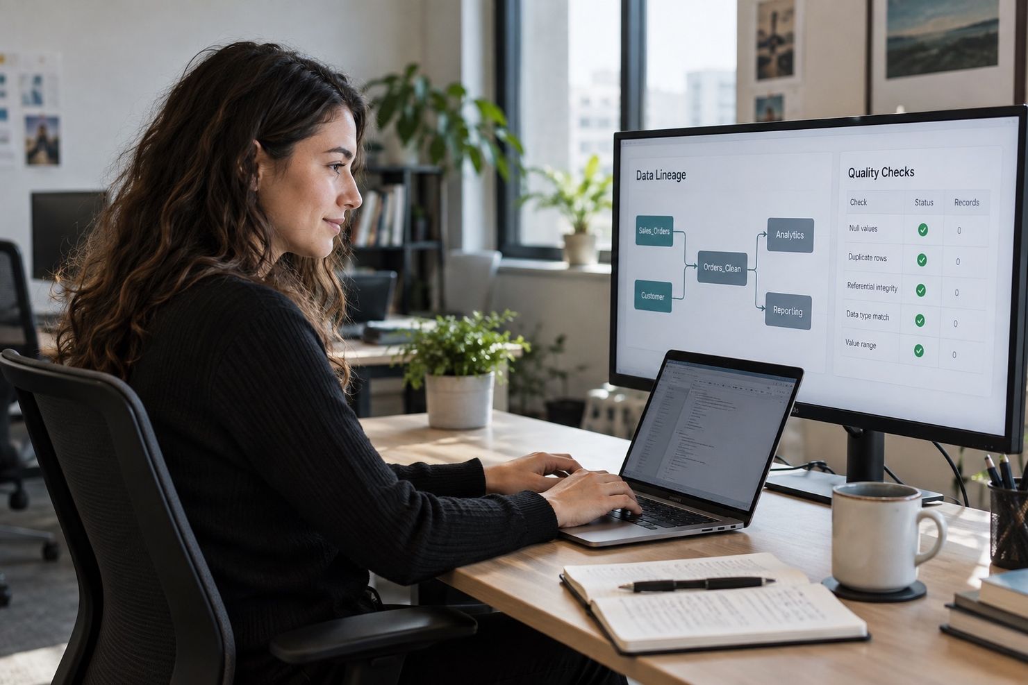 Data engineer monitoring connected data flows and operational dashboards