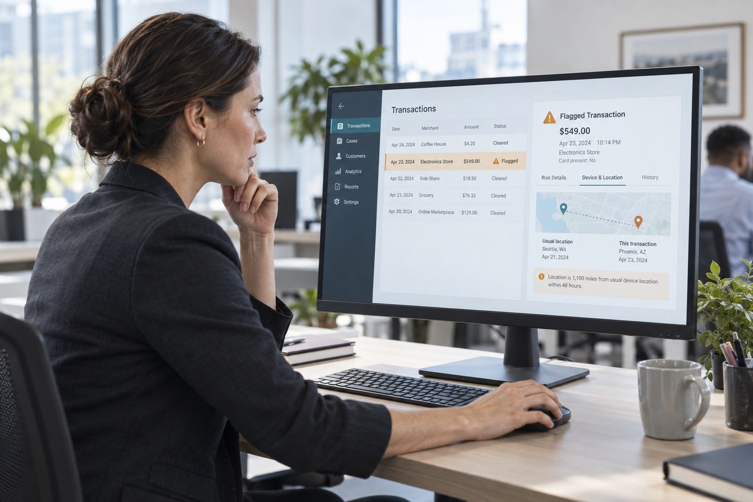 Operations specialist reviewing a software-generated exception before it can advance