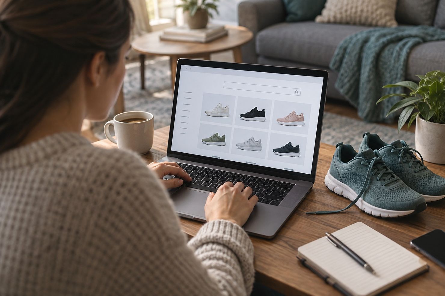 Retail customer using a digital product discovery experience while comparing footwear