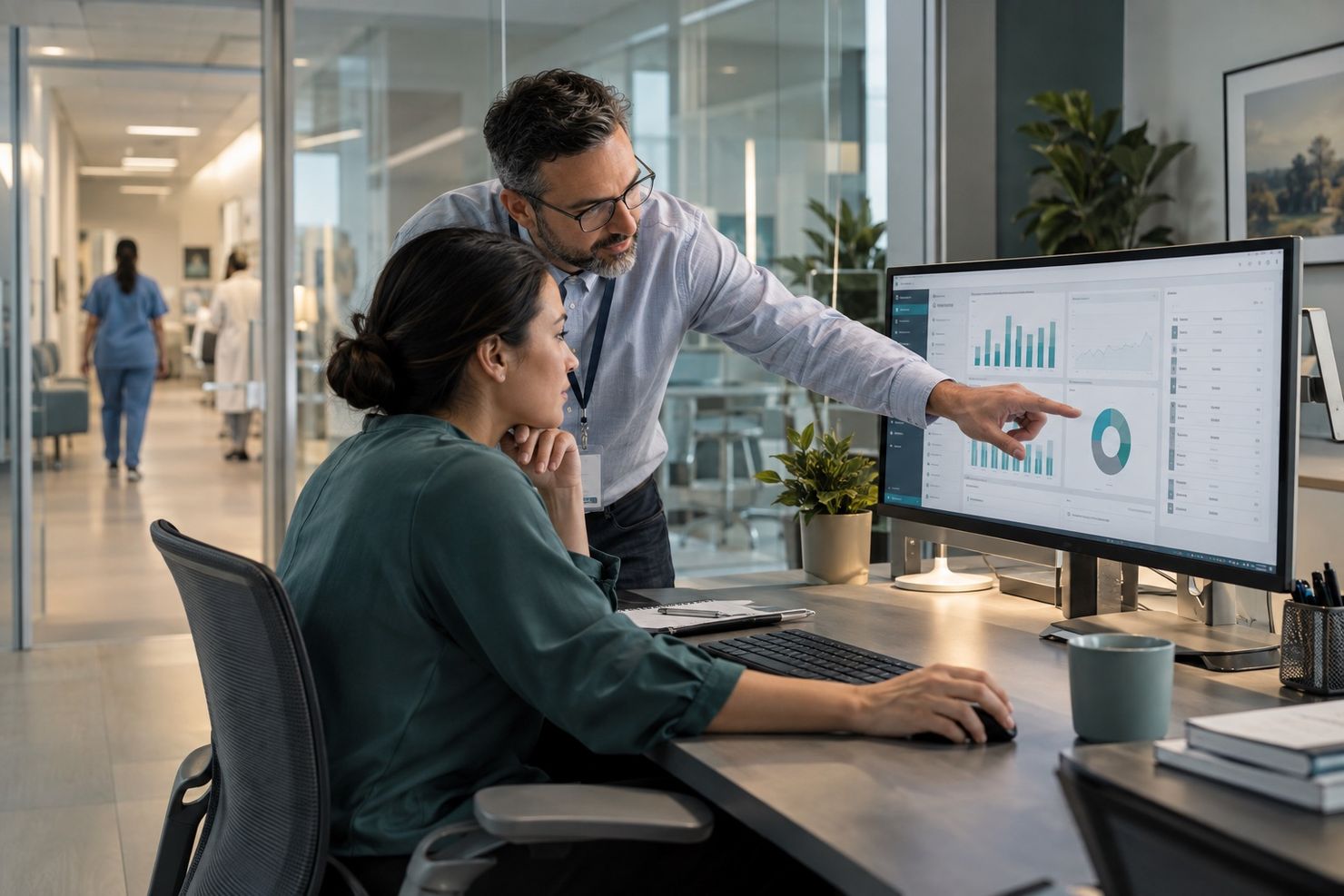 Clinical and technology specialists reviewing healthcare data in a connected care workflow
