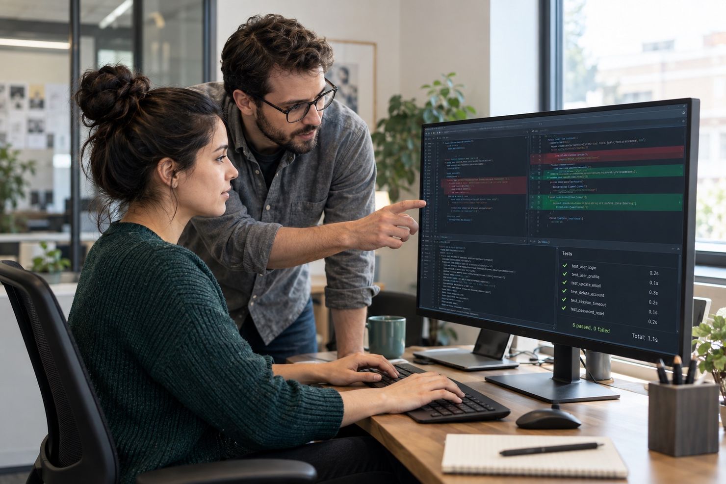 Software engineers reviewing code and test evidence together before release