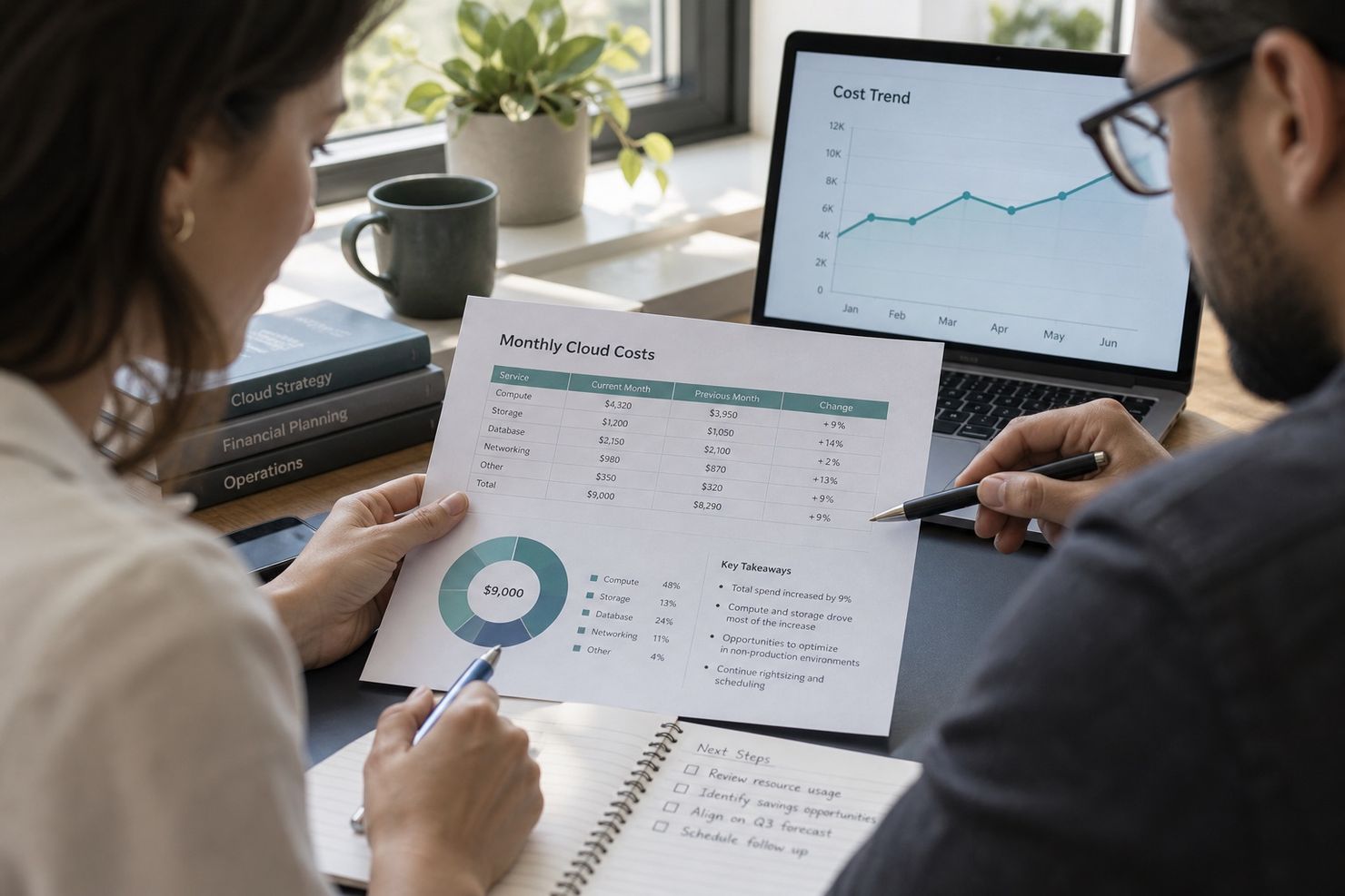 Platform and finance specialists reviewing cloud cost and operating choices