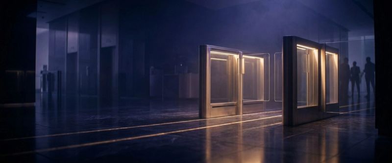 An illuminated turnstile gateway in a dark corporate lobby