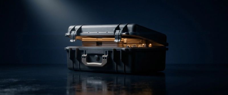 A matte-black modular equipment case with light spilling from within