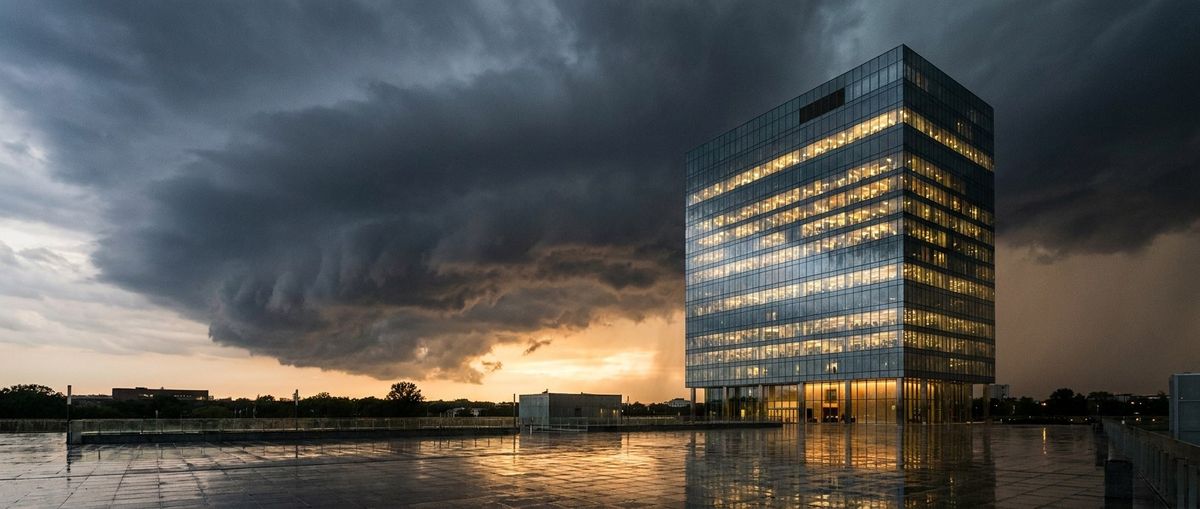 An illuminated corporate tower standing through an approaching storm