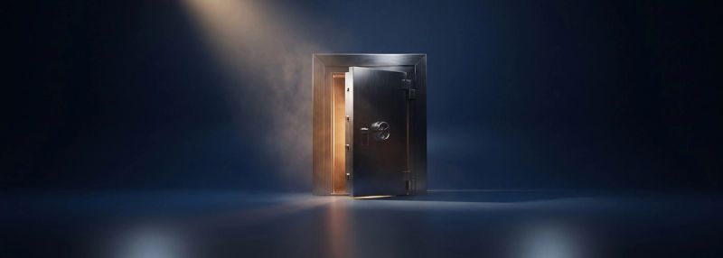 A heavy steel vault door ajar with warm light escaping the seam
