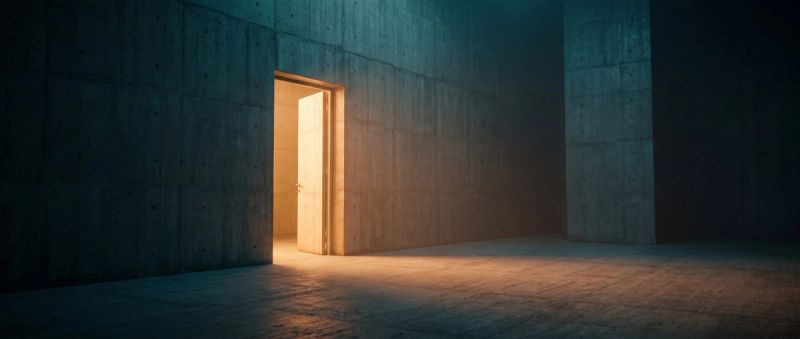 A hand held to a glowing biometric access panel beside a secure door