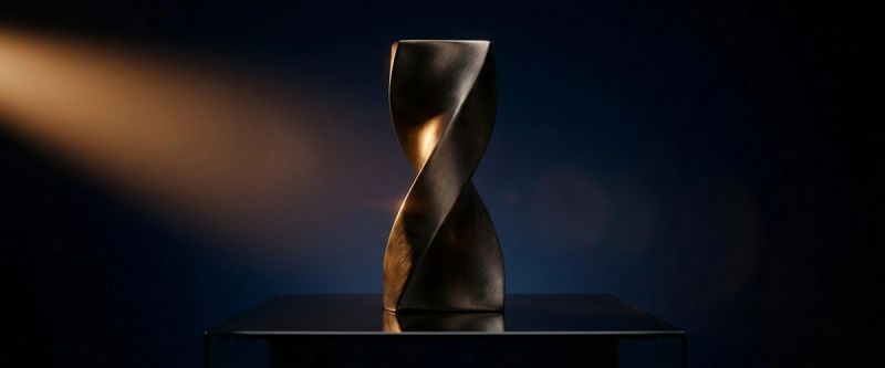 A sculptural award form in brushed dark metal under a hard key light