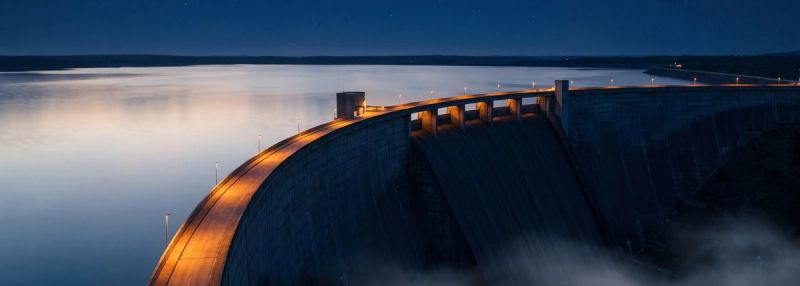 A monumental dam wall at dusk holding a calm reservoir