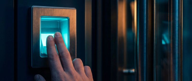 A hand held to a glowing biometric access panel beside a secure door