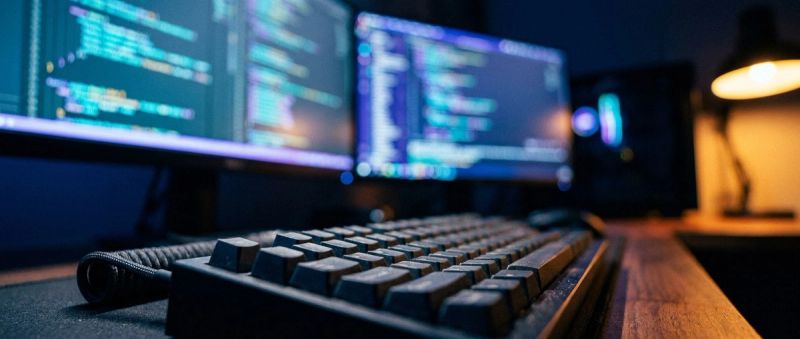 A developer workstation at night, code defocused behind the keyboard