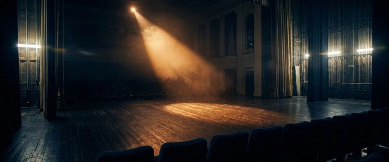 An empty auditorium stage under a single spotlight