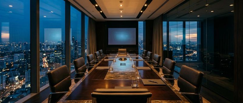 An executive boardroom overlooking a city skyline at dusk