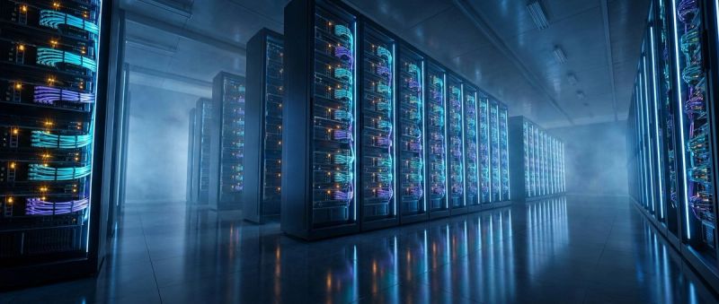 A high-density AI compute cluster with glowing fibre-optic cabling