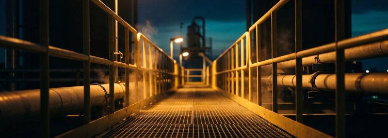 An industrial plant walkway and pipework lit at night