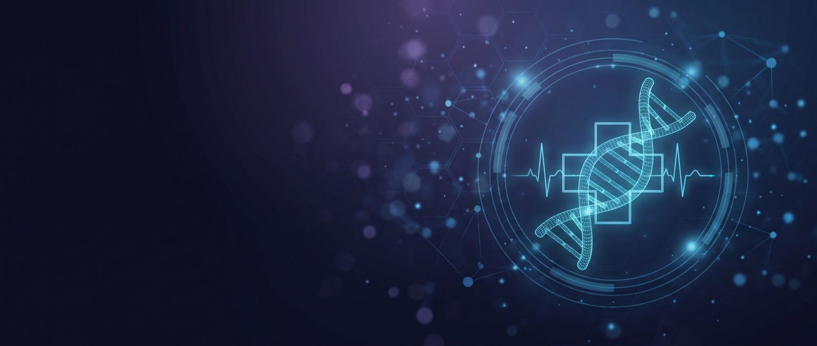 Cyan wireframe hologram of a DNA double helix with a medical cross and heartbeat line inside a tech interface ring - Inspira healthcare security, PHI protection, and clinical uptime