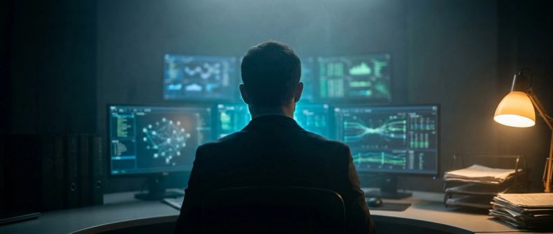 A security analyst monitoring threat dashboards in a darkened room