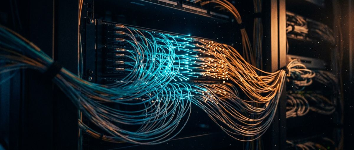 Fibre-optic cables fanning out from a patch panel, tips glowing