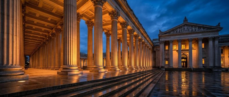 A classical institutional colonnade lit at blue hour