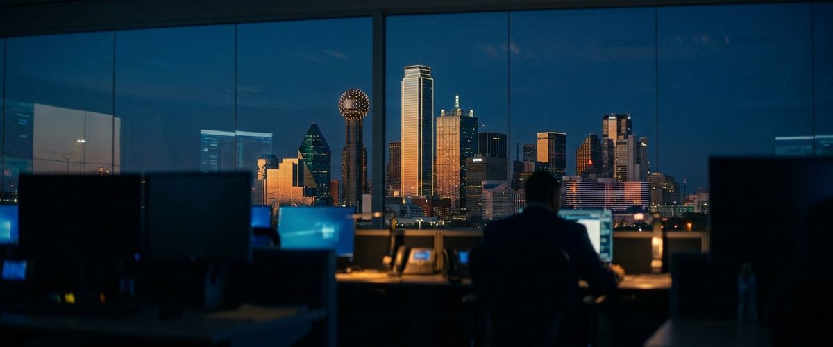 The Dallas skyline at blue hour from a glass operations facility