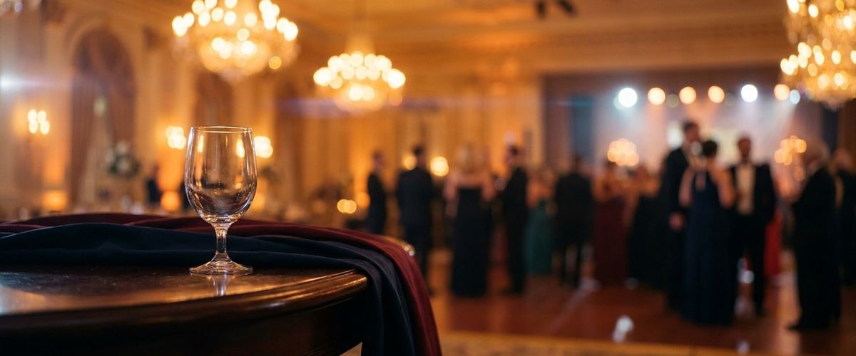 An awards ballroom at night in warm out-of-focus light
