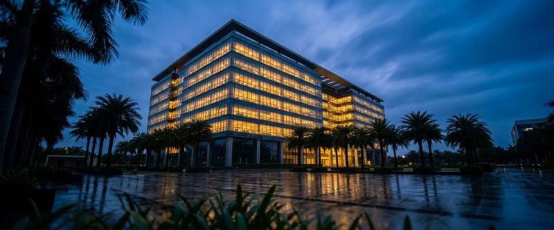 An Indian technology campus office block lit at dusk