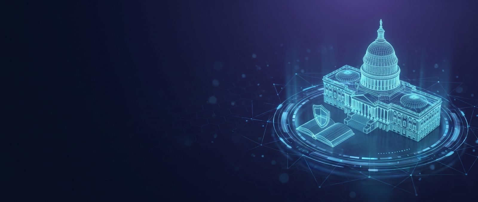 Cyan wireframe hologram of a domed government capitol building with an open book and shield inside a tech interface ring - Inspira public sector and education cybersecurity