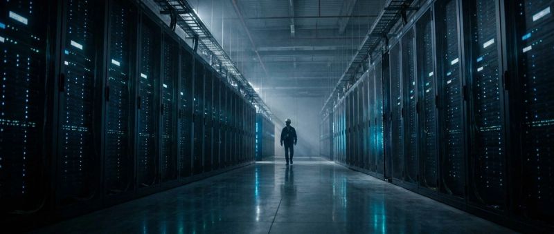 Long aisle of server racks inside a hyperscale data centre
